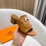 Hermes Women Alma Sandal Calfskin Fringe Detail Palladium Plated "H"-Brown - Image 7