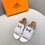 Hermes Women Alma Sandal Calfskin Fringe Detail Palladium Plated "H"-White - Image 3