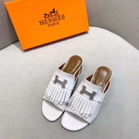 Hermes Women Alma Sandal Calfskin Fringe Detail Palladium Plated “H”-White