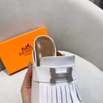 Hermes Women Alma Sandal Calfskin Fringe Detail Palladium Plated "H"-White - Image 10