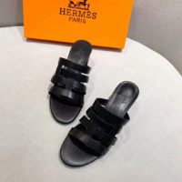 Hermes Women Amica Sandal Calfskin Two Intertwined Initials Straight Cut Edges-Black