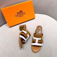 Hermes Women Amica Sandal Calfskin Two Intertwined Initials Straight Cut Edges-Sandy