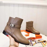 Hermes Women Neo Ankle Boot Calfskin with Iconic Buckle-Brown