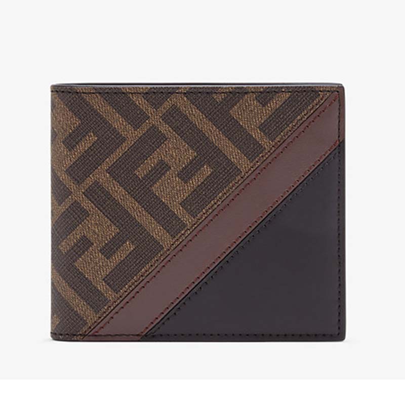 Fendi Unisex Wallet Brown Fabric Bi-Fold FF Motif Black Leather - LULUX