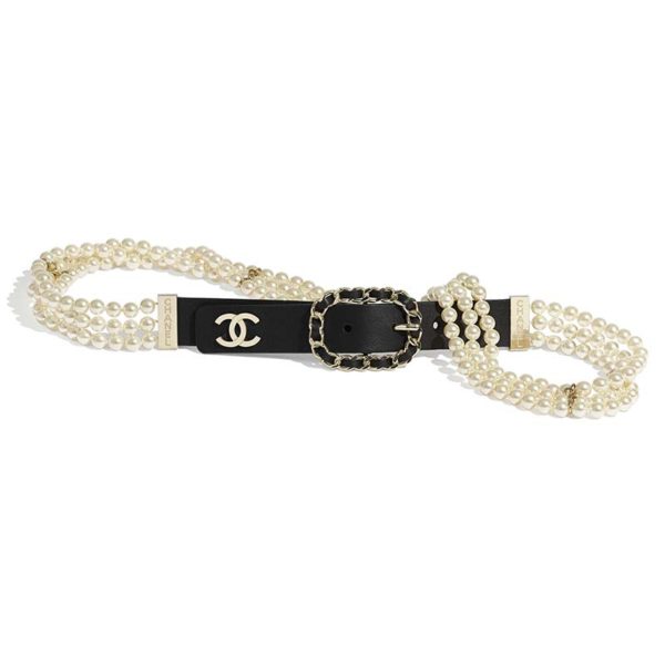 Chanel Women Calfskin Glass Pearls & Gold-Tone Metal Black Belt