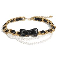 Chanel Women Metal Glass Pearls & Calfskin Gold Pearly White & Black Belt