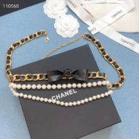 Chanel Women Metal Glass Pearls & Calfskin Gold Pearly White & Black Belt