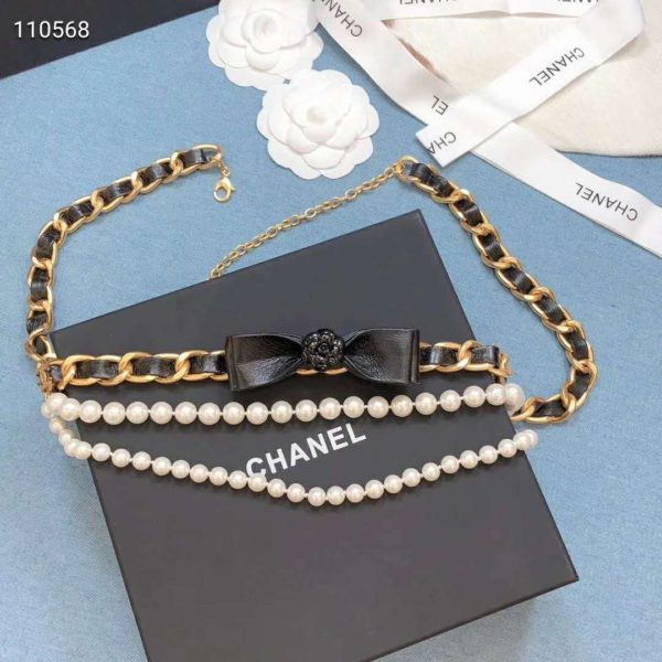 Chanel Women Metal Glass Pearls & Calfskin Gold Pearly White & Black Belt (10)