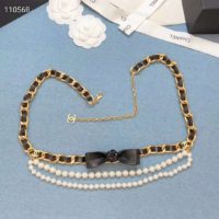 Chanel Women Metal Glass Pearls & Calfskin Gold Pearly White & Black Belt