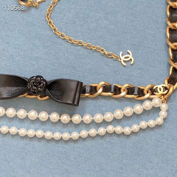 Chanel Women Metal Glass Pearls & Calfskin Gold Pearly White & Black Belt (12)
