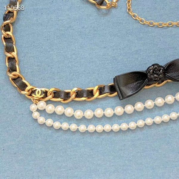 Chanel Women Metal Glass Pearls & Calfskin Gold Pearly White & Black Belt (13)