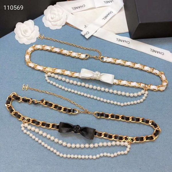 Chanel Women Metal Glass Pearls & Calfskin Gold Pearly White & Black Belt (2)