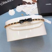 Chanel Women Metal Glass Pearls & Calfskin Gold Pearly White & Black Belt