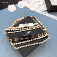 Chanel Women Metal Glass Pearls & Calfskin Gold Pearly White & Black Belt