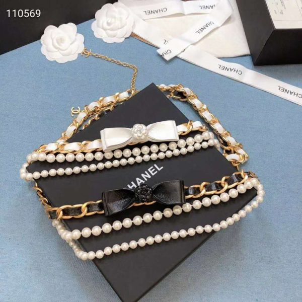 Chanel Women Metal Glass Pearls & Calfskin Gold Pearly White & Black Belt (4)