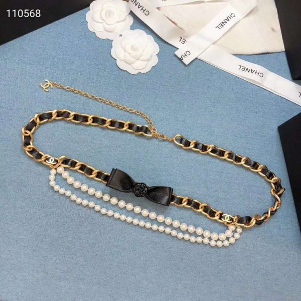 Chanel Women Metal Glass Pearls & Calfskin Gold Pearly White & Black Belt (5)