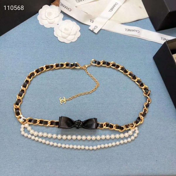 Chanel Women Metal Glass Pearls & Calfskin Gold Pearly White & Black Belt (6)