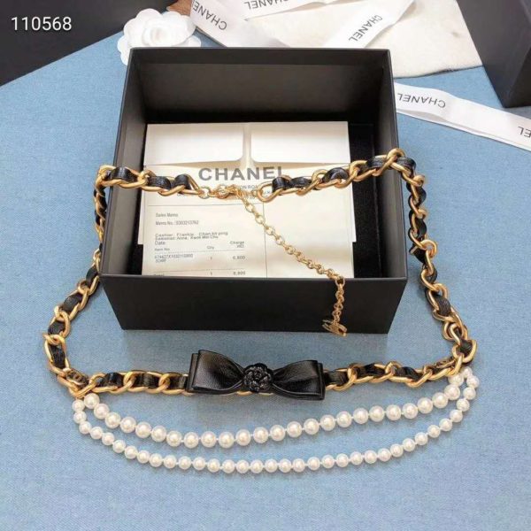 Chanel Women Metal Glass Pearls & Calfskin Gold Pearly White & Black Belt (7)