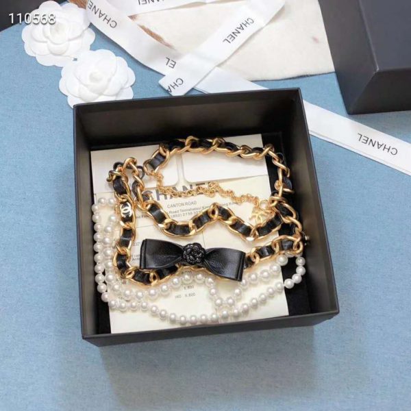 Chanel Women Metal Glass Pearls & Calfskin Gold Pearly White & Black Belt (8)