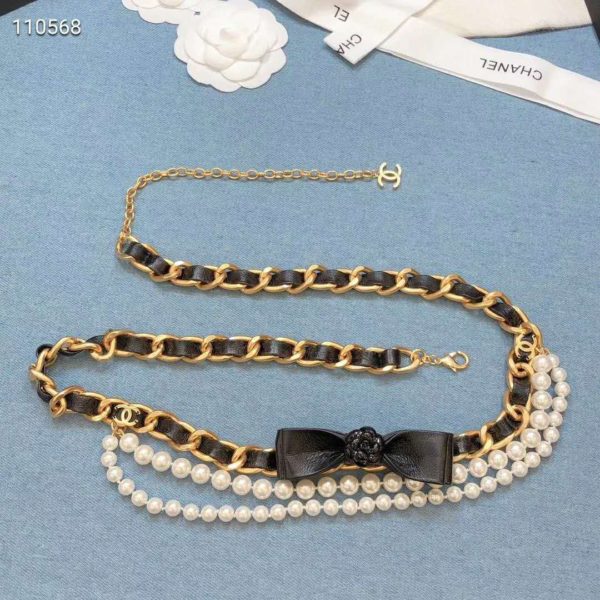 Chanel Women Metal Glass Pearls & Calfskin Gold Pearly White & Black Belt (9)