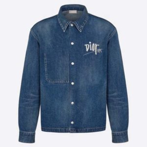 Dior Men Dior And Shawn Overshirt Blue Cotton Wash-Dyed Denim