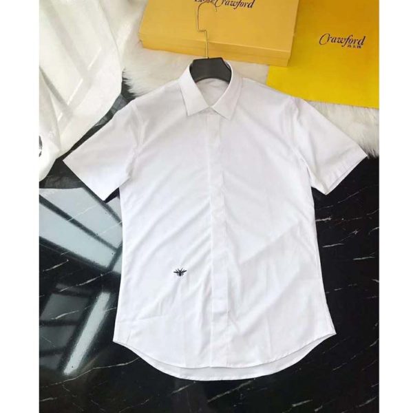 Dior Men Short Sleeve Shirt White Cotton Poplin Black Dior Bee Embroidery (3)