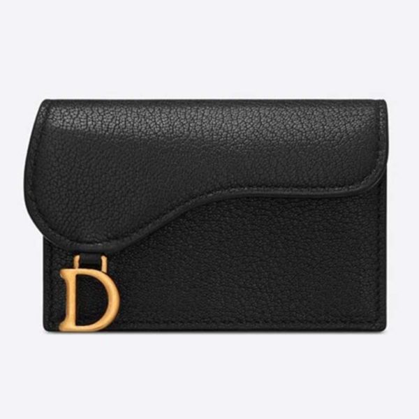 Dior Unisex Saddle Flap Card Holder Black Goatskin ‘D’ Accent