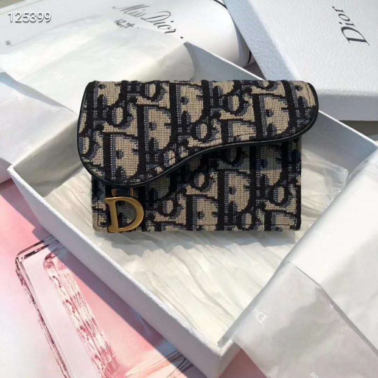 Dior Unisex Saddle Flap Card Holder Blue Dior Oblique Jacquard LULUX