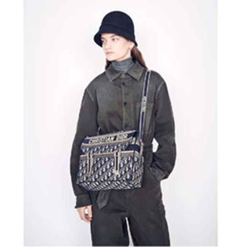Dior Women Diorcamp Bag Blue Dior Oblique Embroidery ‘Christian Dior’