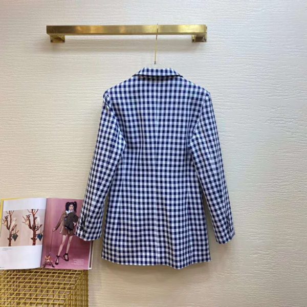 Dior Women Double-Breasted Button Jacket Blue White Check Wool Twill (1)