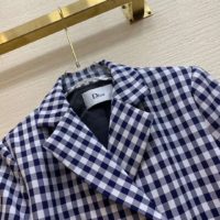 Dior Women Double-Breasted Button Jacket Blue White Check Wool Twill