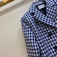 Dior Women Double-Breasted Button Jacket Blue White Check Wool Twill