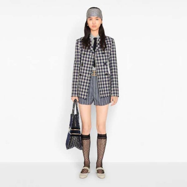 Dior Women Double-Breasted Button Jacket Blue White Check Wool Twill (5)