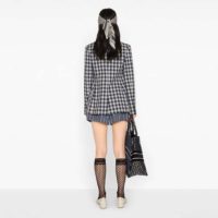 Dior Women Double-Breasted Button Jacket Blue White Check Wool Twill