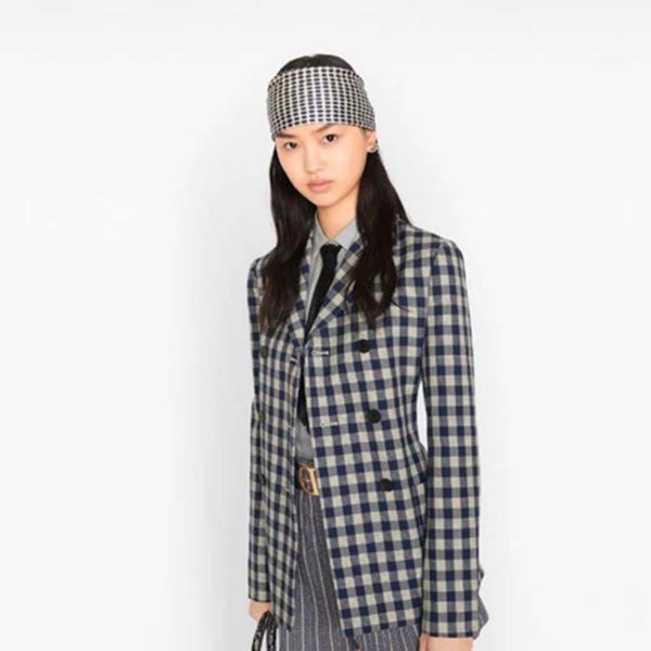 Dior Women Double-Breasted Button Jacket Blue White Check Wool Twill (7)