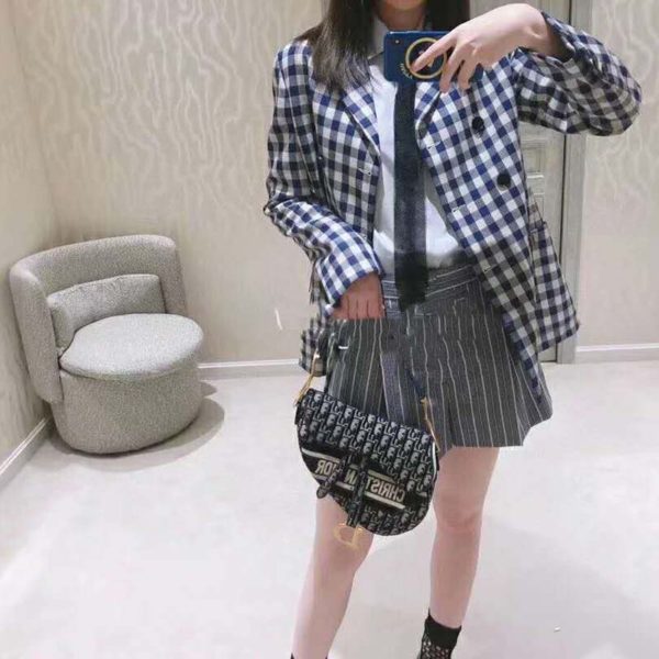Dior Women Double-Breasted Button Jacket Blue White Check Wool Twill (8)