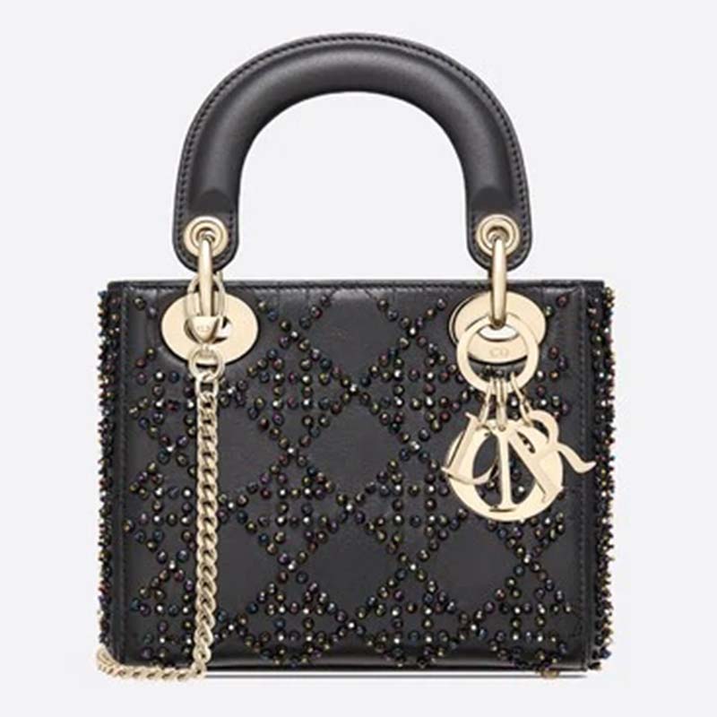 Dior Women Mini Lady Dior Bag Black Calfskin Multicolor Beaded Cannage ...
