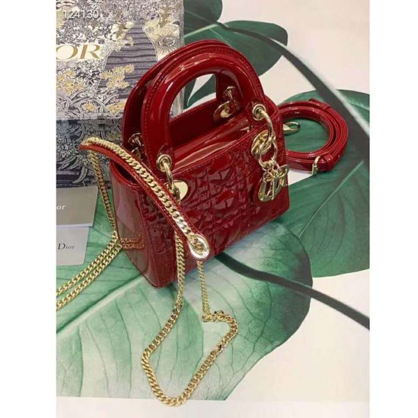 Dior Women Mini Lady Dior Bag Cherry Red Patent Cannage Calfskin (7)