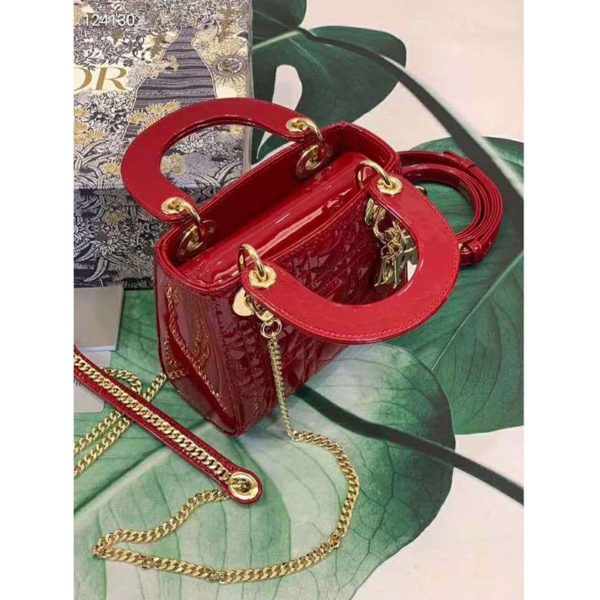 Dior Women Mini Lady Dior Bag Cherry Red Patent Cannage Calfskin (8)