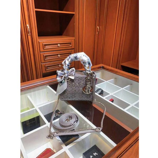 Dior Women Mini Lady Dior Bag Gray Strass Cannage Satin (4)