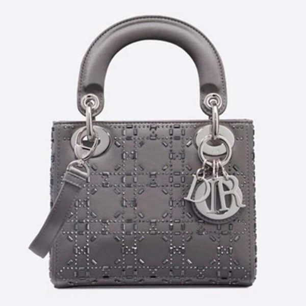 Dior Women Mini Lady Dior Bag Gray Strass Cannage Satin