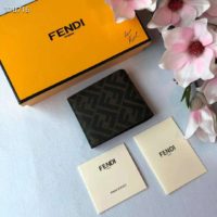 Fendi Unisex Wallet Brown Fabric Bi-Fold FF Motif Black Leather