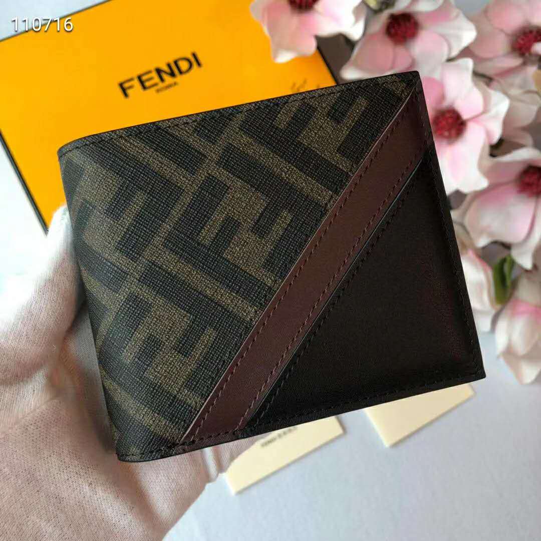 Fendi Unisex Wallet Brown Fabric Bi-Fold FF Motif Black Leather - LULUX