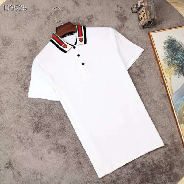 Gucci Men Cotton Polo Web Feline Head White Stretch Cotton Piquet - LULUX