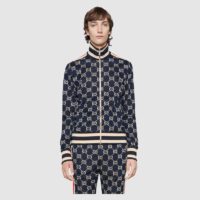 Gucci Men GG Jacquard Cotton Jacket Blue Ivory GG Jacquard Jersey