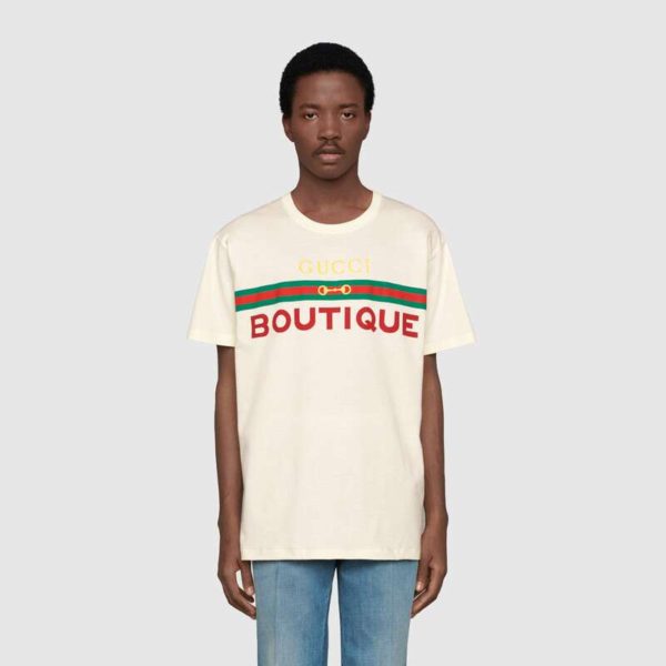 Gucci Men Gucci Boutique Print T-Shirt Off-White Cotton Jersey (4)