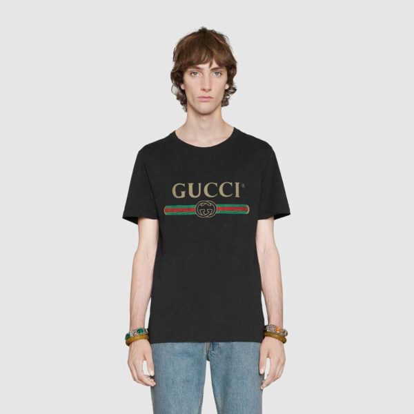 Gucci Men Oversize Washed T-Shirt with Gucci Logo Black Washed Cotton Jersey (4)