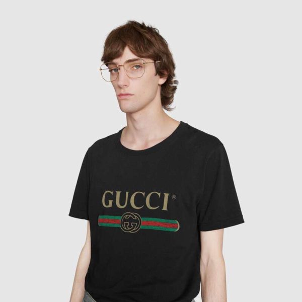 Gucci Men Oversize Washed T-Shirt with Gucci Logo Black Washed Cotton Jersey (6)