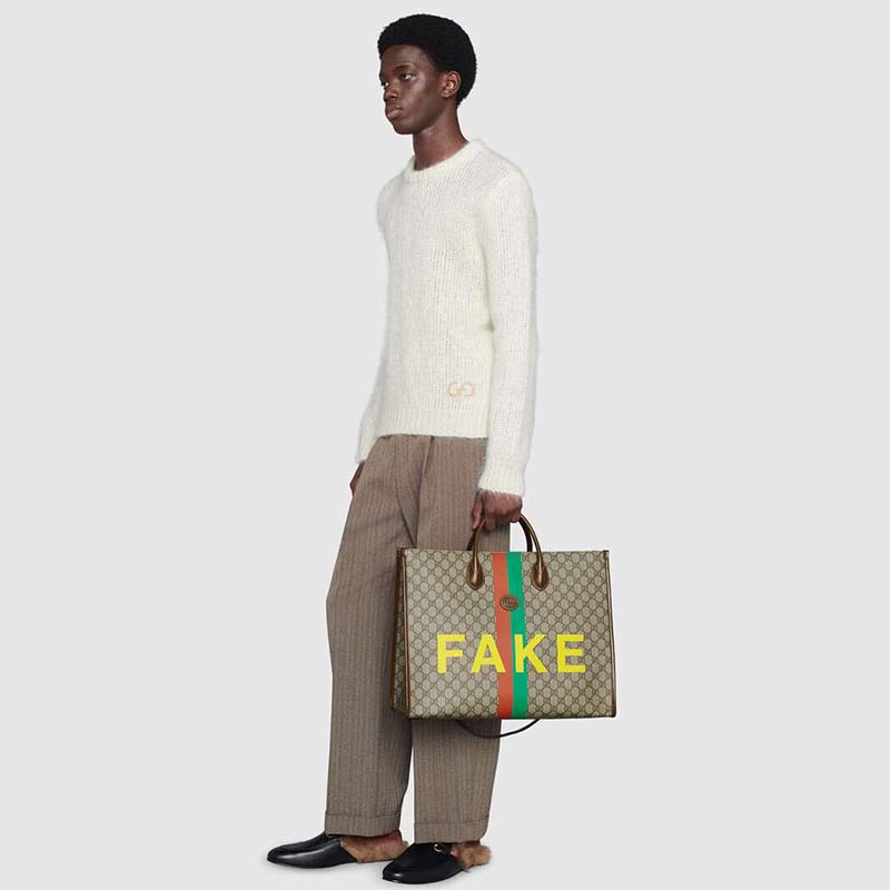 Gucci Unisex ‘Fake/Not’ Print Large Tote Bag GG Supreme Canvas