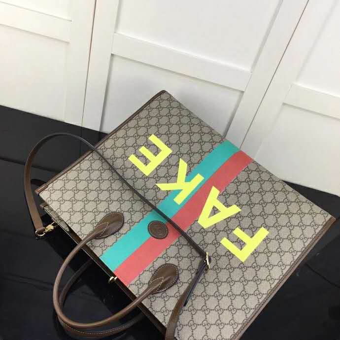 Gucci Unisex ‘Fake/Not’ Print Large Tote Bag GG Supreme Canvas